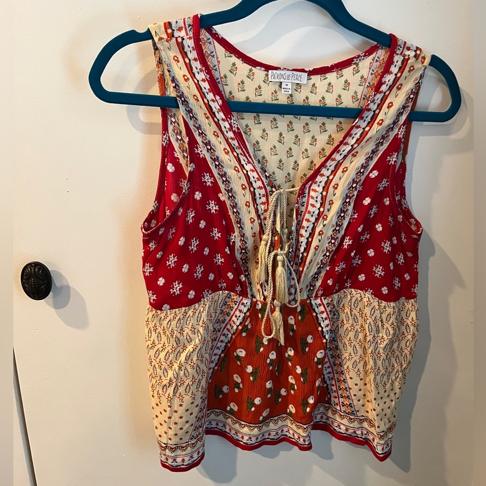 Patrons of Peace Red and Cream Floral Blouse